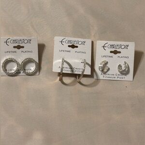 Silver Crystal Circle,  Crystal Hug Earring and Hoop Earrings. Set of 3 pair